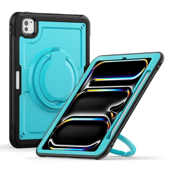 for iPad Pro 13 Inch M4 2024 7th Gen Tablet Case with Rotatable Stand & Handle Grip, Soft TPU Outer Shell Heat Dissipation Rugged Case with Adjustable Shoulder Strap Pen Holder, Lightblue