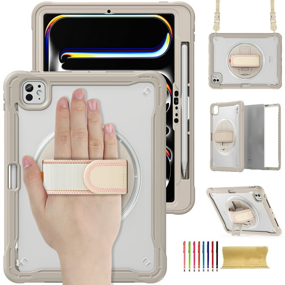 for iPad Pro 13 Inch (M5/M4) 2025/2024 Rugged Case, 360 Rotating Hand Strap Stand/Pencil Holder/Adjustable Crossbody Strap, [2 In 1] Heavy Duty Protective, Khaki