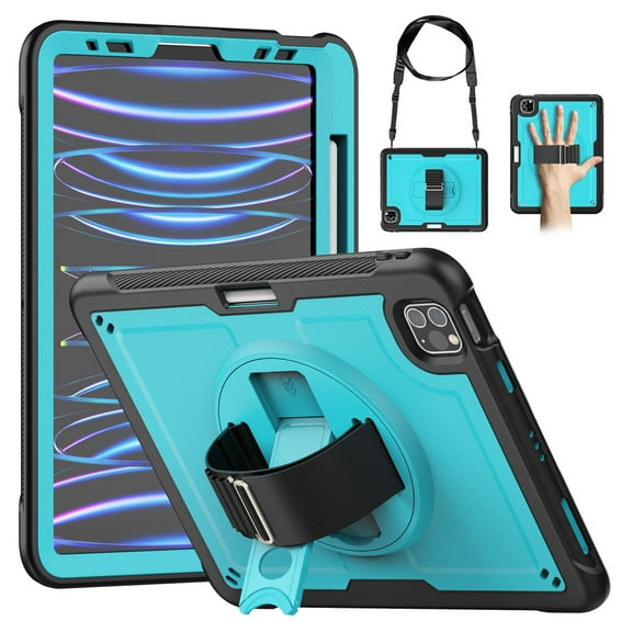 for iPad Pro 13" M4 2024 Case with Adjustable Hand Strap, Heavy Duty Shockproof Protective Cover with Rotating Stand, Shoulder Strap, Pencil Holder, Heat Dissipation Tablet Case, Lightblue