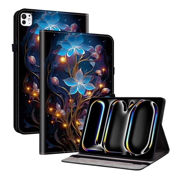 For iPad Pro 13" (M4/M5) 2024/2025 Release Folio Case with Stand/Card Slots/Elastic Band Closure/Pen Loop Holder, Stylish Cute Cartoon PU Leather Protective Lightweight Slim Flip Cover, Blue Flowers