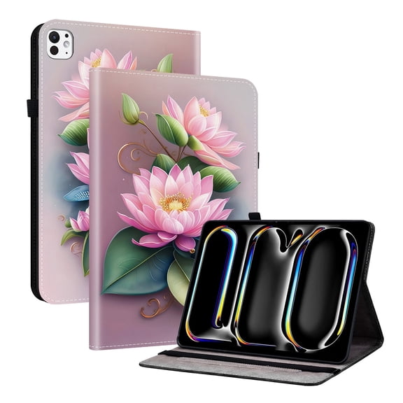 For iPad Pro 13" (M4/M5) 2024/2025 Release Folio Case with Stand/Card Slots/Elastic Band Closure/Pen Loop Holder, Stylish Cute Cartoon PU Leather Protective Lightweight Slim Flip Cover, Lotus