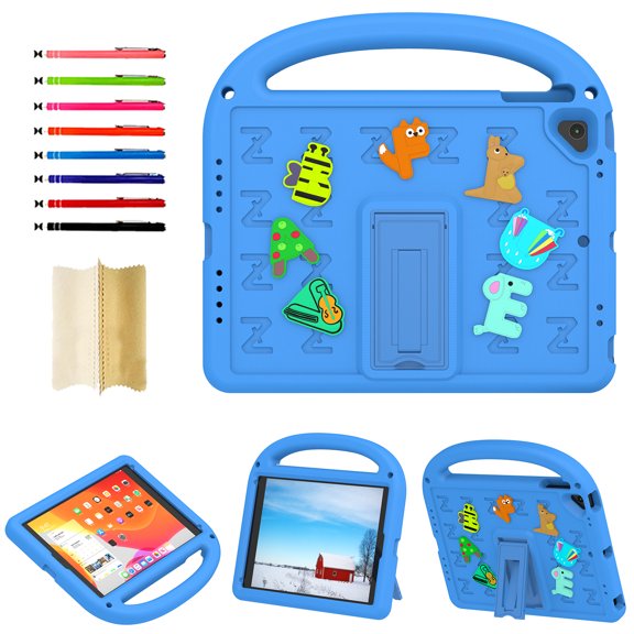 for iPad Pro 9.7" 2016 / iPad 5th Gen 9.7" 2017 / iPad 6th Gen 9.7" 2018 Silicone Kids Friendly Shockproof Cute Case with Handle Grip, Heavy Duty Multiple Angles Kickstand Rugged Cover, Blue