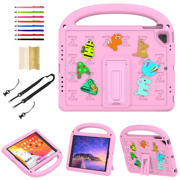 for iPad Pro 9.7" 2016 / iPad 5th Gen 9.7" 2017 / iPad 6th Gen 9.7" 2018 Silicone Kids Shockproof Cute Case with Handle, Multiple Angles Stand Rugged Cover with Removable Shoulder Strap, Pink
