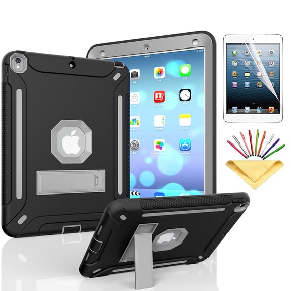 iPad Pro 9.7 Case with Soft Screen Protector, Dteck Heavy Duty Shockproof Three Layer Plastic and Silicone Protective Cover with Kickstand For Apple iPad Pro 9.7 inch (A1673/A1674/A1675), Black/Gray