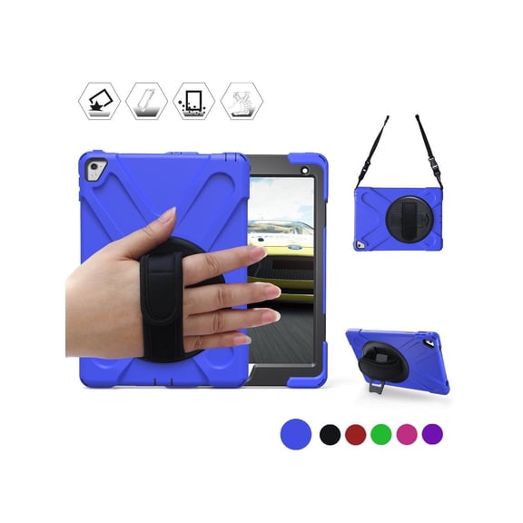 iPad Pro 9.7 inch Case 2016 Model A1673 A1674 A1675 Shockproof Hard Cover with 360 Degree Rotating Stand Hand Strap Shoulder Strap