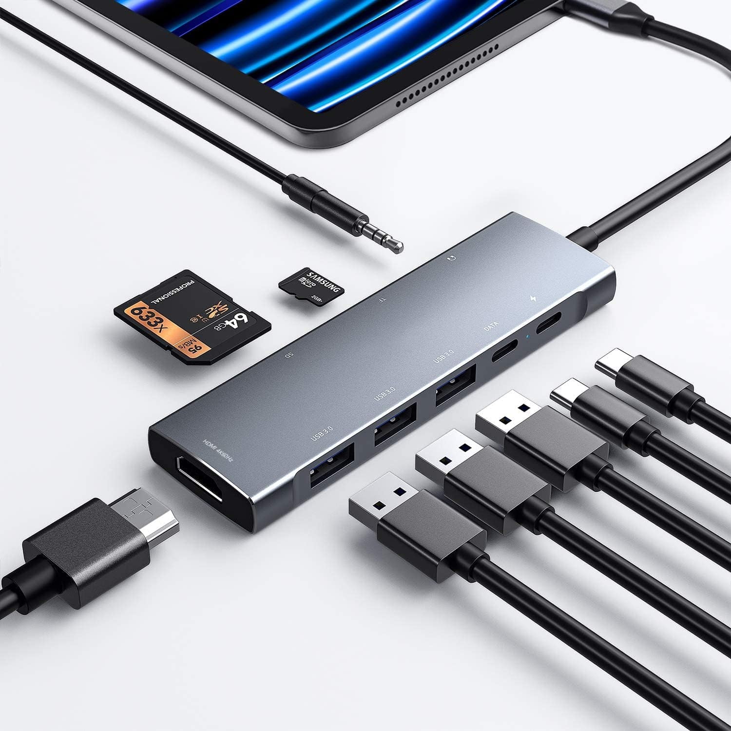 iPad Pro 9-in-1 Adapter USB-C Hub iPad Pro M4 M2 M1 13 12.9 11-inch iPad Air 5 4 Docking Station with 4K HDMI Support, USB-C PD, SD/TF Card Reader, USB 3.0,3.5mm Headphone Jack, Type C Data