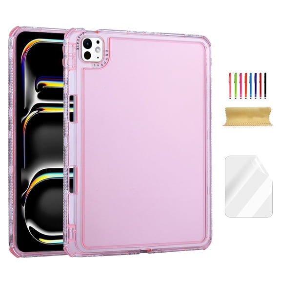 For iPad Pro/Air 13" (M5/M4/M3/M2), Pro 12.9" (6th/5th/4th/3rd Gen) Clear Case with Pencil Holder/Screen Protector Film/Stylus, 3 Layers Protective Lightweight Slim Transparent Back Cover, Pink