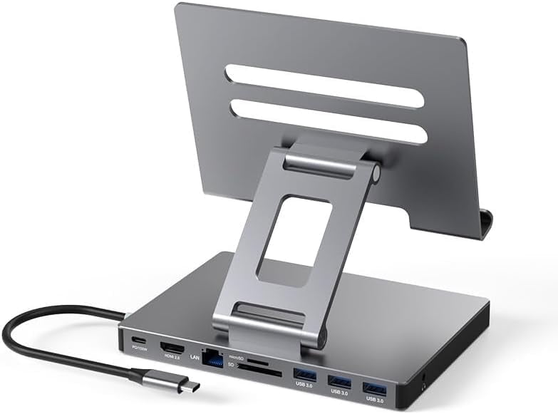 GKEAPZA iPad Pro USB C Hub Stand, 9-in-1 Adapter for iPad /Air/Pro Docking Station Foldable with 4K 60Hz HDMI, RJ45 Gigabit Ethernet, SD/TF Card Reader, 3 USB 3.0, 3.5 mm Audio,iPad Dock Accessories