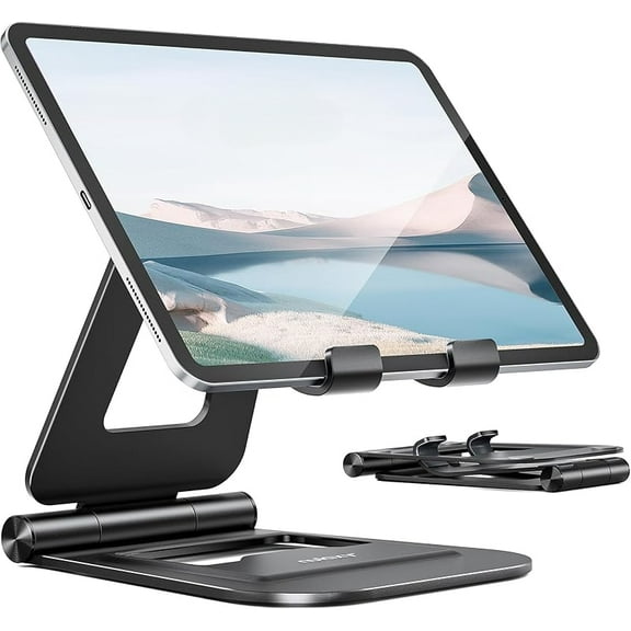 iPad Stand with Cord Holder, Fully Adjustable Foldable Desktop Tablet Stand Holder Compatible with iPad Air 4/Mini, New iPad 10.2/9.7, iPad Pro 11/12.9, All Mobile Devices (4-14''), Black