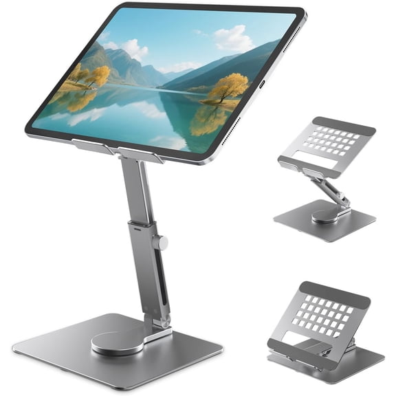 iPad Stand, Height Adjustable with 360 Rotating Base ipad stand Holder for Desk,Tablet Stand  Alloy Compatible with i Pad Pro 12.9 11 Air Mini 4 5, 4.7-14'' , iPad, Tablet and