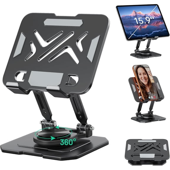 iPad Stand Tablet Holder for Desk,360 Rotation Metal Base Dual Rod Adjustable Height Holder,Compatible with 4.7-15.9" iPad Pro/Air/Mini,eReader,LG Pads,Nexus,Switch,iPhone Pro/Max/Air/Plus
