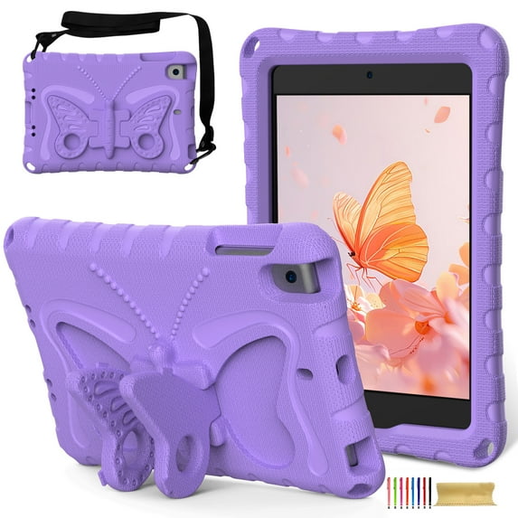 for iPad mini 1/2/3/4/5 Case with Crossbody Strap, Butterfly Stand Cute Kids Friendly Shockproof Protective Heavy Duty Case Cover for iPad mini 1/2/3/4/5 - Lightpurple