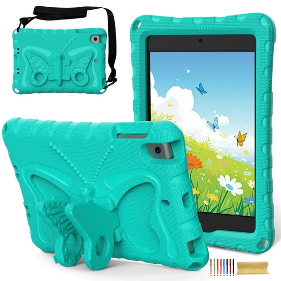 for iPad mini 1/2/3/4/5 Case with Crossbody Strap, Butterfly Stand Cute Kids Friendly Shockproof Protective Heavy Duty Case Cover for iPad mini 1/2/3/4/5 - Mint