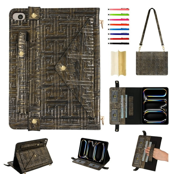 for iPad mini 1/2/3/4/5 Case, Handbag Design PU Leather Stand Cover with Elastic Hand Strap and Detachable Adjustable Shoulder Strap, Pencil Holder, Document Card Pocket, Silvergold