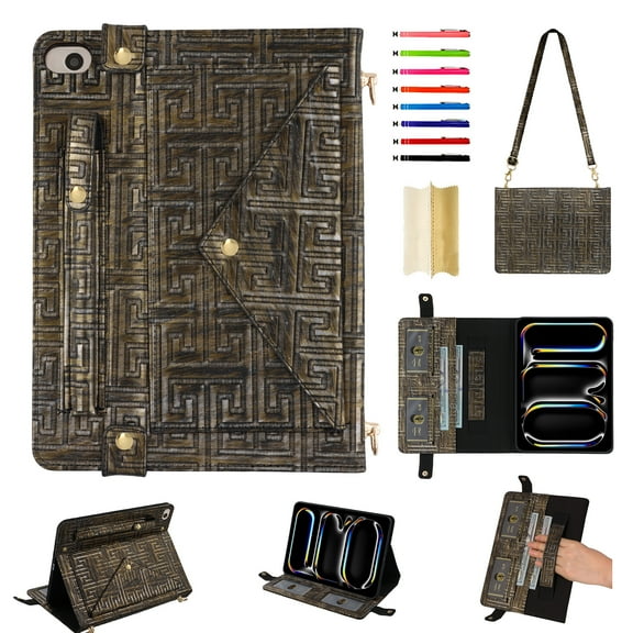for iPad mini 1/2/3/4/5 Case, Handbag Design PU Leather Stand Cover with Elastic Hand Strap and Detachable Adjustable Shoulder Strap, Pencil Holder, Document Card Pocket, Silvergold