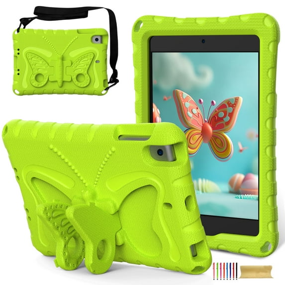 for iPad mini 1/2/3/4/5 Case for Kids with 90° Rotatable Folding Butterfly Stand Shoulder Strap Cover Heavy Duty Protection for iPad mini 1/2/3/4/5, Grassgreen