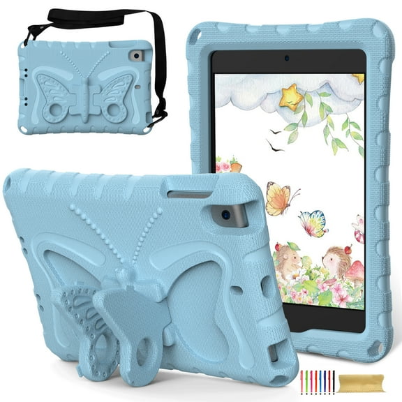 for iPad mini 1/2/3/4/5 Case for Kids with 90° Rotatable Folding Butterfly Stand Shoulder Strap Cover Heavy Duty Protection for iPad mini 1/2/3/4/5, Lightblue