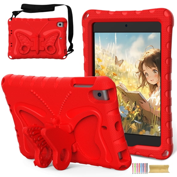 for iPad mini 1/2/3/4/5 Case for Kids with 90° Rotatable Folding Butterfly Stand Shoulder Strap Cover Heavy Duty Protection for iPad mini 1/2/3/4/5, Red