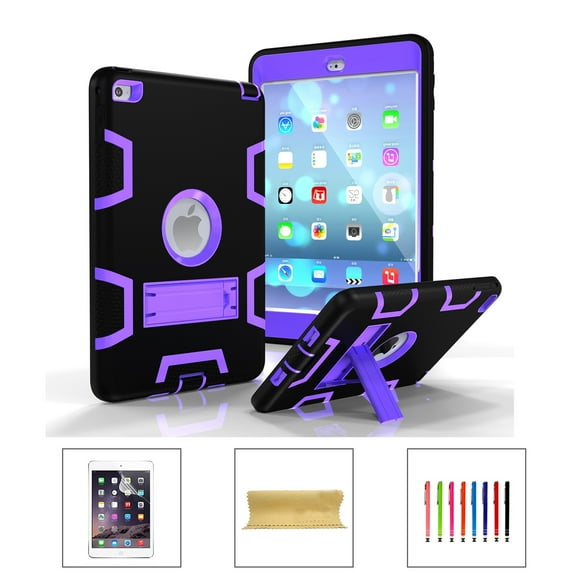 iPad mini 5 2019 Case, iPad mini 4 Case, Dteck Shockproof Three Layer Hybrid Rugged Heavy Duty Kickstand Anti-Slip Cover with PET Screen Protector For iPad mini 4/mini 5, Black/Purple