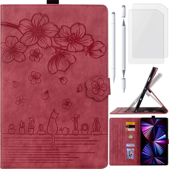 for iPad mini 5/4/3/2/1 Leather Case, Cartoon Oil Painting Cat Cherry Blossoms Folio Flip Cover, Stylus Pen Holder Card Slot, Magnetic Floral Buckle, Screen Protector