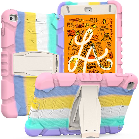 iPad mini 5th Generation (2019) 7.9-inch Case,Dteck Shockproof Rubber 3-layer Protection Armor Hybrid Kickstand Protector for iPad mini 4 (2015),Pink/Colorful