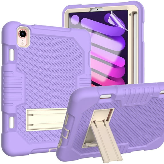 iPad mini 6 Case with HD Screen Protector, iPad mini 6th Generation Case 8.3 inch 2021, Dteck Heavy Kids Safe Shockproof Case with Built-in Kickstand for iPad mini 6th Generation,Purple/Beige
