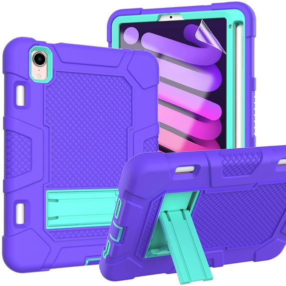 iPad mini 6 Case with HD Screen Protector, iPad mini 6th Generation Case 8.3 inch 2021, Dteck Heavy Kids Safe Shockproof Case with Built-in Kickstand for iPad mini 6th Generation,Purple/Mint