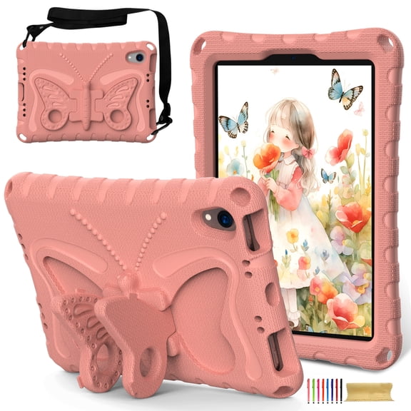for iPad mini 6th Gen 8.3" 2021 Case with Crossbody Strap, Butterfly Stand Cute Kids Friendly Shockproof Protective Heavy Duty Case Cover for iPad mini 6th Generation - Lightpink