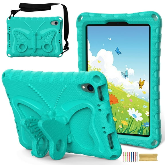 for iPad mini 6th Gen 8.3" 2021 Case with Crossbody Strap, Butterfly Stand Cute Kids Friendly Shockproof Protective Heavy Duty Case Cover for iPad Mini 7th (A17 Pro) 2024 - Mint