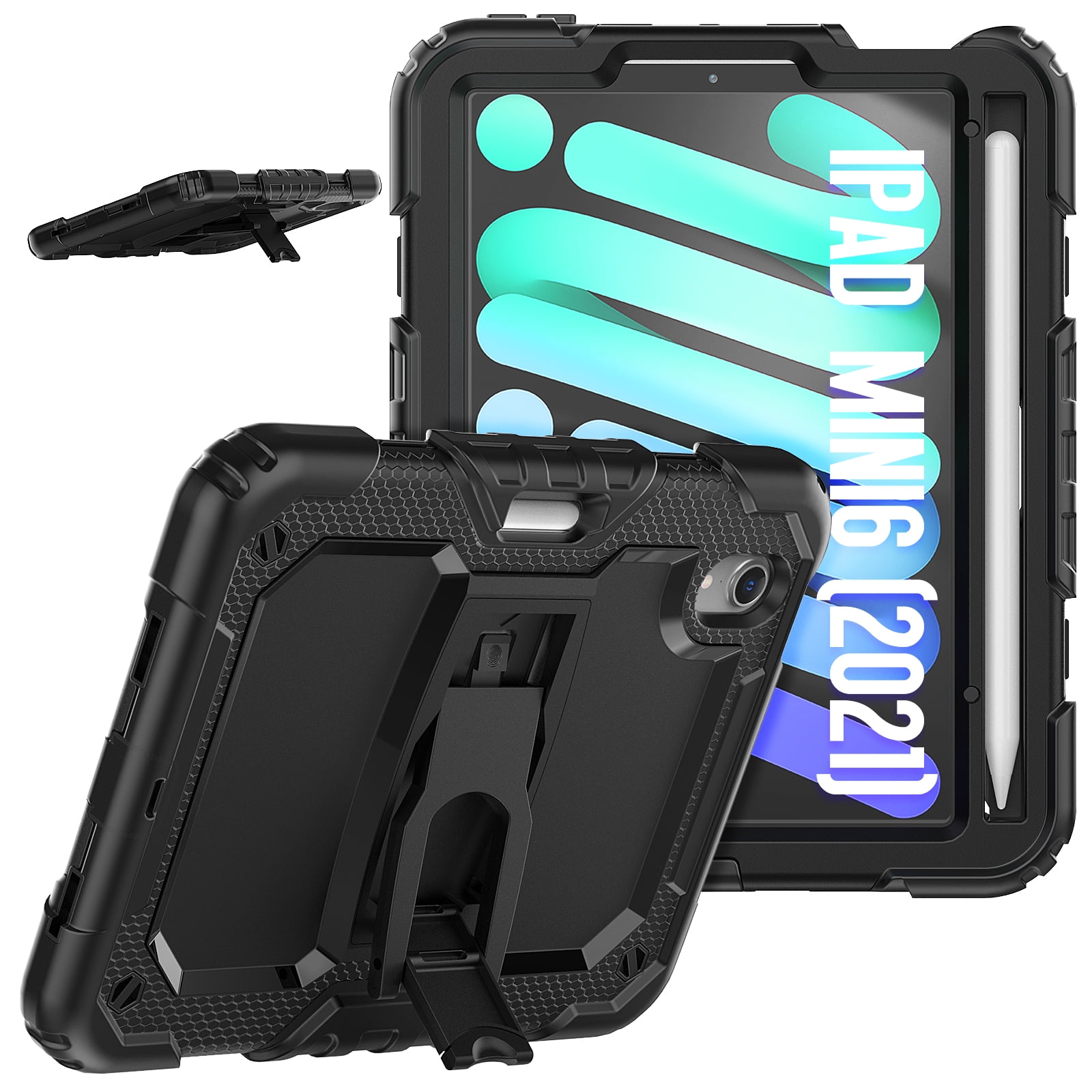 for iPad mini 6th Gen 8.3" 2021 Case with PET Screen Protector + Pencil Holder + Stand + Shoulder Strap | Heavy Duty Protection 3 Layer Silicone PC Case for iPad mini 6th Generation | Black