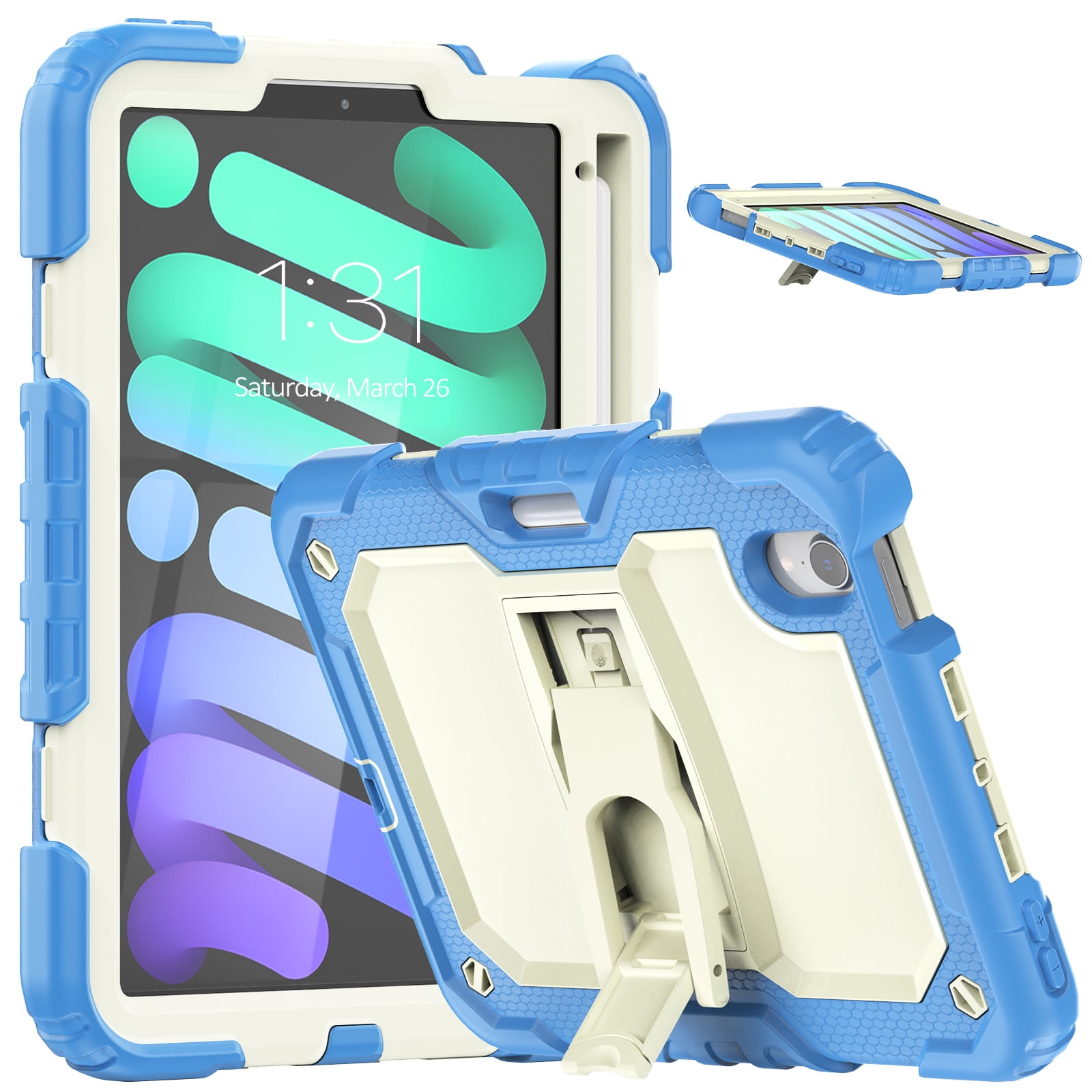 for iPad mini 6th Gen 8.3" 2021 Case with PET Screen Protector + Pencil Holder + Stand + Shoulder Strap | Heavy Duty Protection 3 Layer Silicone PC Case for iPad mini 6th Generation | Skyblue+Beige