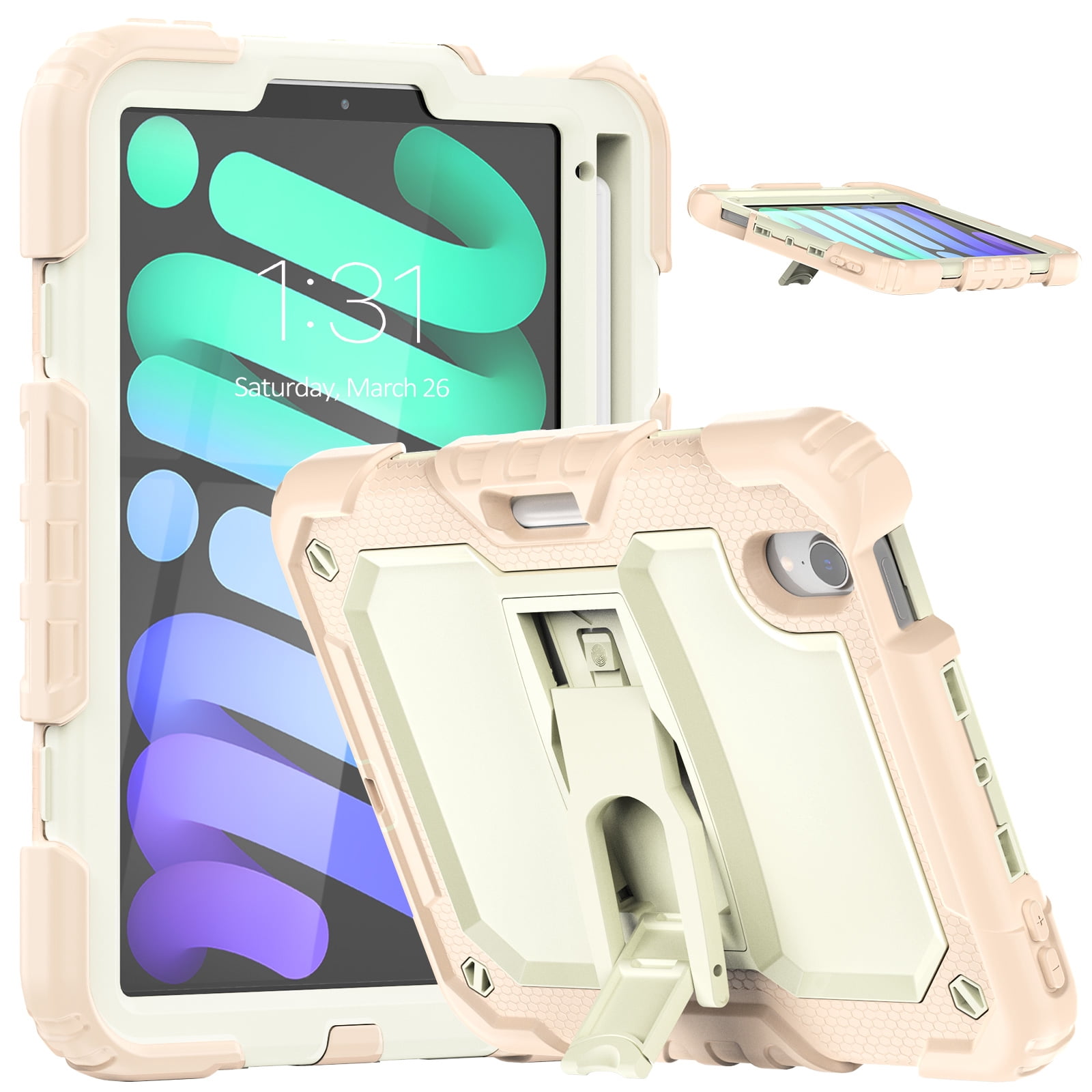 for iPad mini 6th Gen 8.3" 2021 Case with PET Screen Protector + Pencil Holder + Stand + Shoulder Strap | Heavy Duty Protection 3 Layer Silicone PC Case for iPad mini 6th Generation | Rosegold+Beige