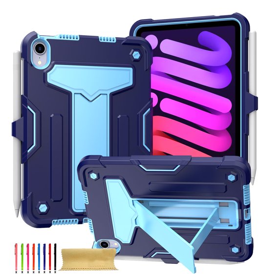 for iPad mini 6th Gen 8.3" 2021 Case with Pencil Holder & Kickstand, Shockproof Drop Proof Kids Friendly Rugged Full Body Protective Case Cover for iPad mini 6th Gen 8.3" 2021, Navy+Blue
