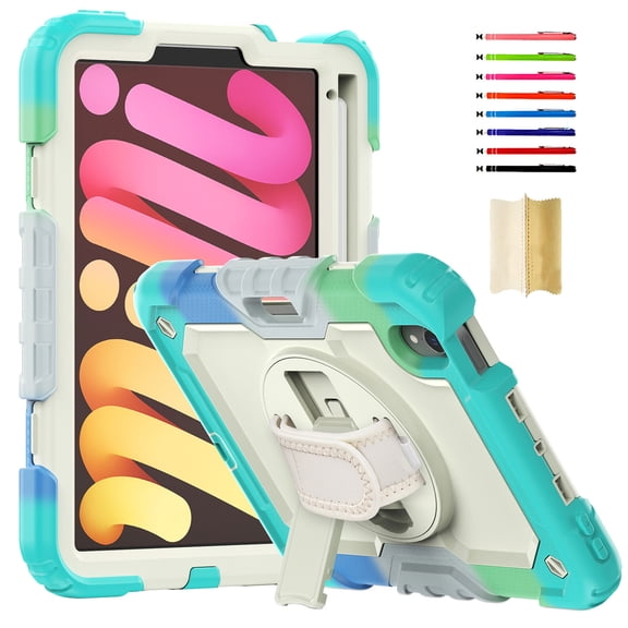for iPad mini 6th Gen 8.3" 2021, Heavy Duty Shockproof Protective Case with PET Screen Protector, Stylus Holder, Stand and Hand/Shoulder Strap 3 Layer Multi-Functional Cover, Mint