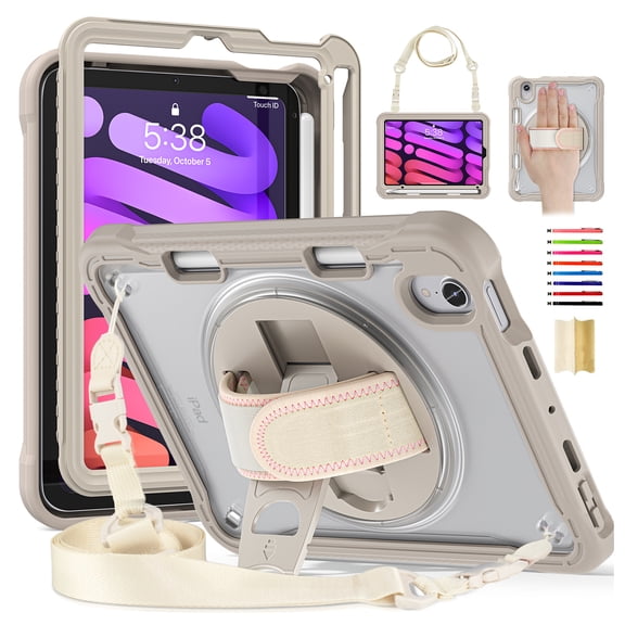 for iPad mini 6th Gen 8.3" 2021 Rugged Case, 360 Rotating Hand Strap Stand/Pencil Holder/Adjustable Crossbody Strap, [2 In 1] Protective for iPad mini 6th Gen 8.3" 2021, Khaki