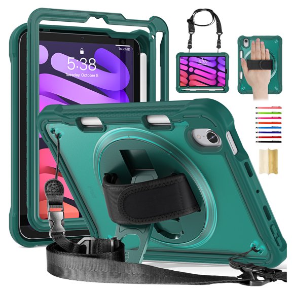 for iPad mini 6th Gen 8.3" 2021 Rugged Case, 360 Rotating Hand Strap Stand/Pencil Holder/Adjustable Crossbody Strap, [2 In 1] Protective for iPad mini 6th Gen 8.3" 2021, Darkgreen