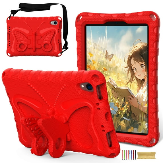 for iPad mini 6th Gen 8.3" 2021 / iPad mini 7th Generation (A17 Pro) 2024 8.3" Case for Kids with 90° Rotatable Folding Butterfly Stand Shoulder Strap Cover Heavy Duty Protection, Red