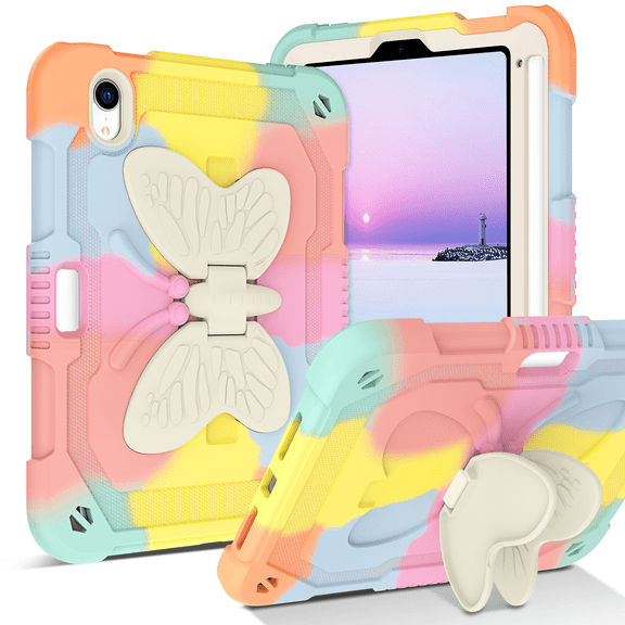 iPad mini 7 Case / iPad mini 6 Case (2024/2021) 8.3 inch - DOMAVER Shockproof Protective Cover with Butterfly Wings Kickstand, Apple Pencil Holder, Kids Friendly Drop-Proof Design - Rainbow Pink