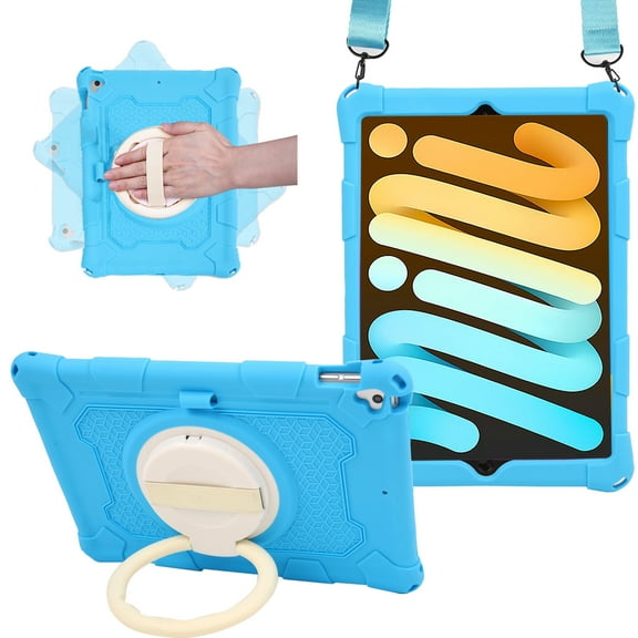For iPad mini 7th 6th Generation Case, Soft Silicone Drop Protection Rotating Kickstand with Shoulder Strap Pencil Holder Kids Friendly Lightweight Case for iPad mini 6 7 8.3", Skyblue