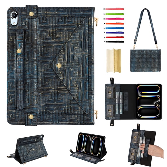 for iPad mini 7th Gen 2024/mini 6th Gen 2021 Case, Handbag Design PU Leather Stand Cover with Elastic Hand Strap and Detachable Adjustable Shoulder Strap, Pencil Holder, Document Card Pocket, Blue