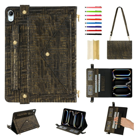 for iPad mini 7th Gen 2024/mini 6th Gen 2021 Case, Handbag Design PU Leather Stand Cover with Elastic Hand Strap and Detachable Adjustable Shoulder Strap, Pencil Holder, Document Card Pocket,Blackgold