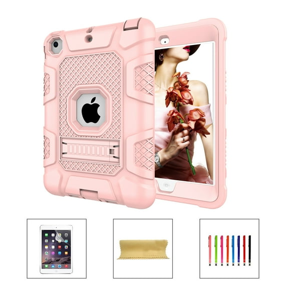 iPad mini Case, Dteck 3 in 1 Hybrid Heavy Duty Rugged Shockproof Anti-Scratch Protective Kickstand Case With PET Screen Protector For iPad mini 1 2 3 (not fit mini 4&5),Rosegold
