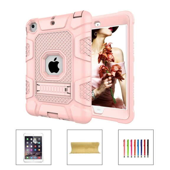 iPad mini Case, Dteck 3 in 1 Hybrid Heavy Duty Rugged Shockproof Anti-Scratch Protective Kickstand Case With PET Screen Protector For iPad mini 1 2 3 (not fit mini 4&5),Rosegold