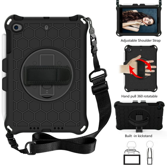 iPad mini Case with Shoulder Strap For Kids, Dteck 360 Rotating Kickstand Hand Strap Heavy Duty Shockproof Case Silicone Protective Cover for iPad mini 1 2 3 4 5 7.9 inch, Black