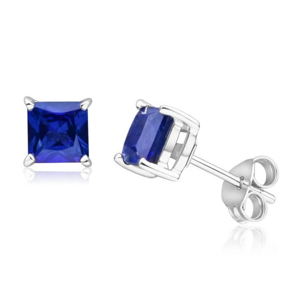 iParis 14k White Gold Plated Silver Princess Cut 1 Carat Blue Sapphire Stud Earrings Women