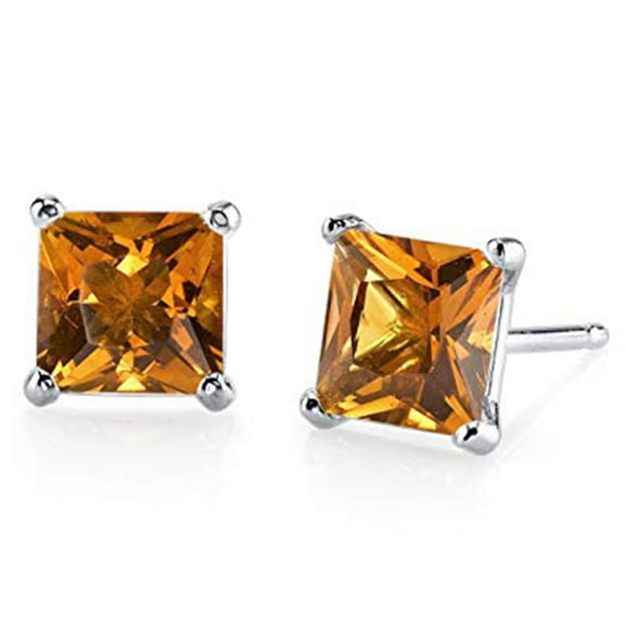 iParis 14k White Gold Plated Silver Princess Cut 3 Carat Created Citrine Stud Earrings Women
