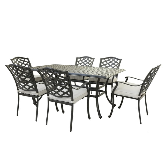 iPatio Modern 7-Piece Aluminum Dining Set with Cushion: Durable, Comfortable, Weather-Resistant Outdoor Patio Furniture Set with 6 Armchairs and Rectangular Table, Cast Silver