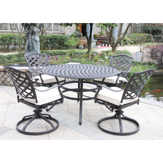 iPatio Stylish Outdoor Aluminum 5-Piece Round Dining Set: Weather-resistant, Durable, Lightweight, Modern Design Patio Furniture Set with Cushioned Swivel Rockers and Round Table, Canvas Natural