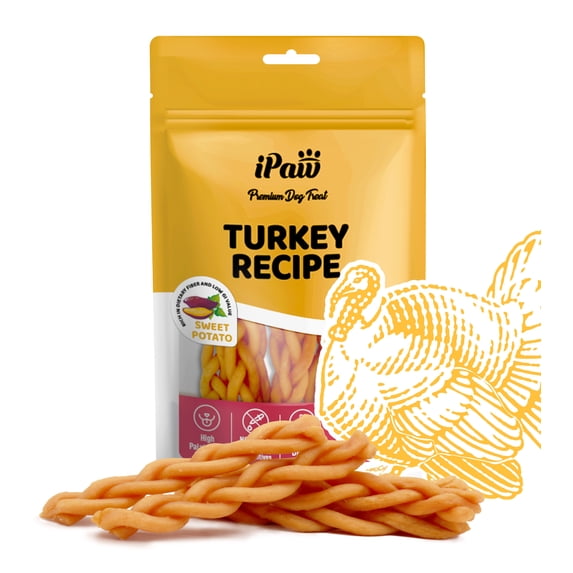 iPaw Turkey Dog Treats, All Natural Human Grade Dog Treat, Suitable for Training chew, Hypoallergenic, Rawhide Alternative,Braided Stick (Sweet Potato)