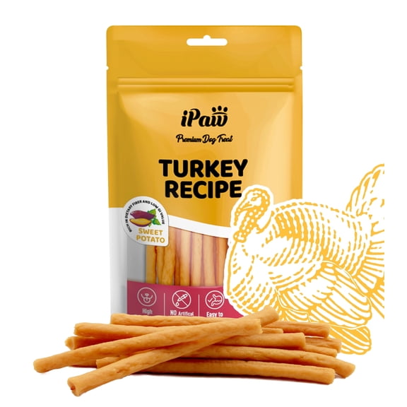 iPaw Turkey Dog Treats, All Natural Human Grade Dog Treat, Suitable for Training chew, Hypoallergenic, Rawhide Alternative, Thin Stick (Sweet Potato)